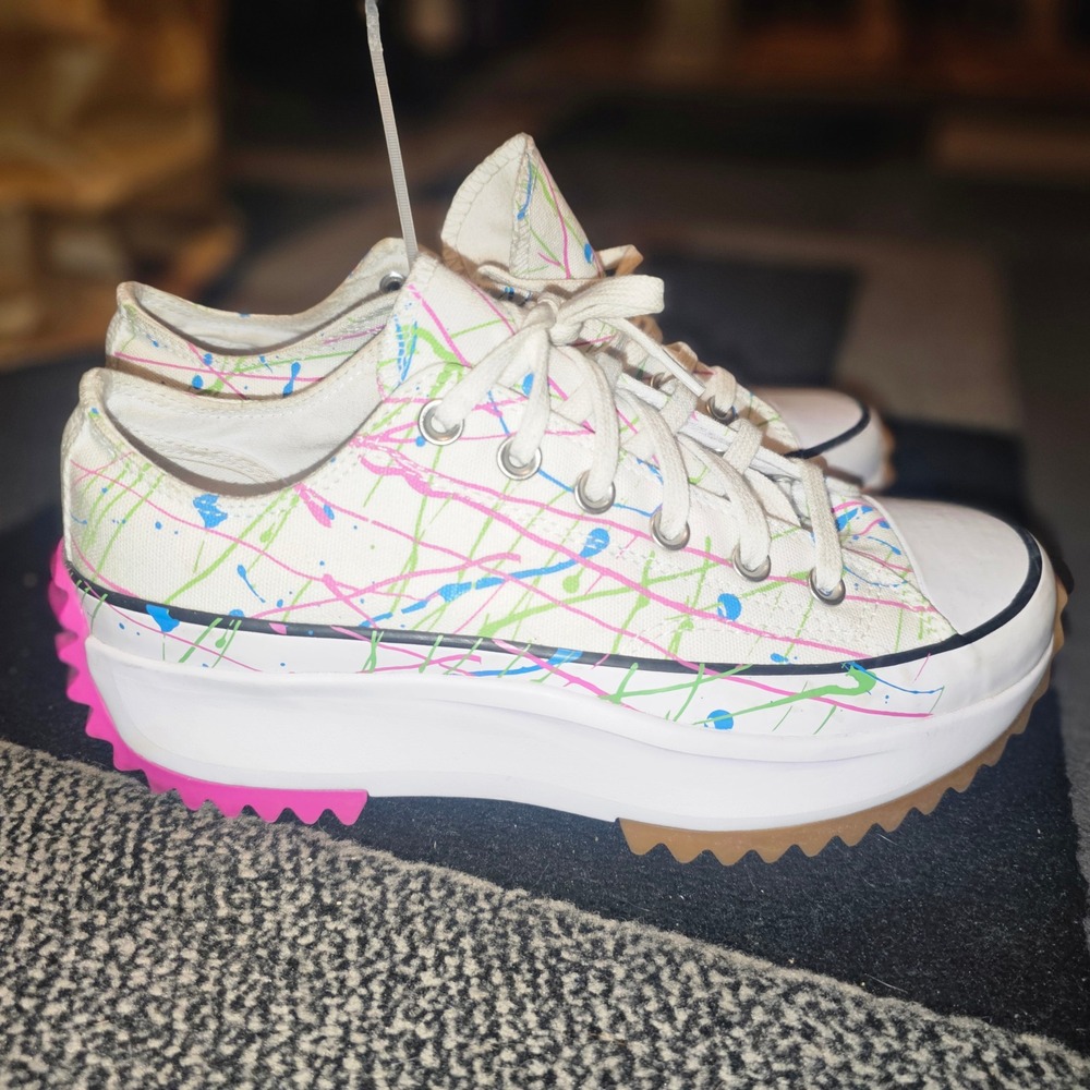 Converse Run Star Hike Low Top Women Size 9 White Paint Splatter Excellent - Picture 1 of 6